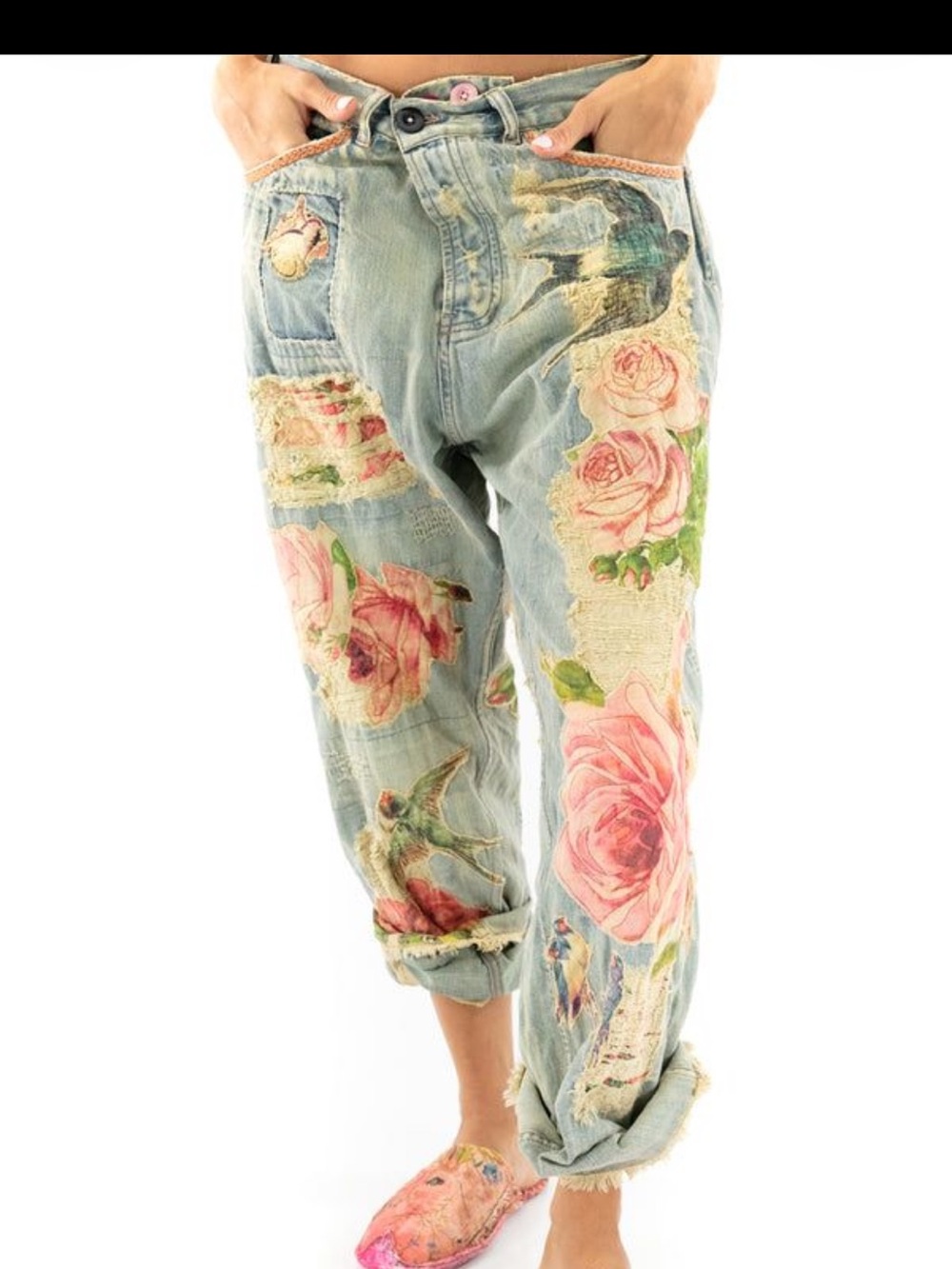 Magnolia Pearl Bird Appliqué Miner Denims Floral Rose Jeans RARE